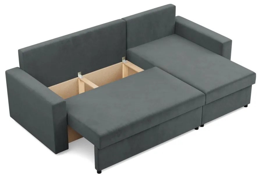 Zeus sarokkanapé, 1 ágyneműtartóval, egyenes kartámasz, bársony, univerzális oldal, bonell töltet, szürke