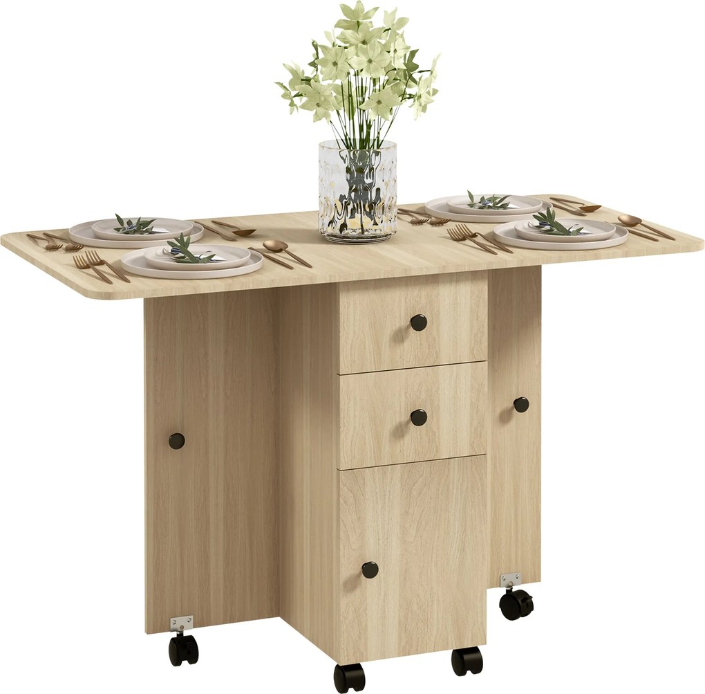 HOMCOM Összecsukható Étkezőasztal Konyhai Asztal Kerekekkel Összecsukható Szárnyakkal Fiókokkal és Szekrénnyel 4-6 Fő részére 120x60x76.5 cm Természet