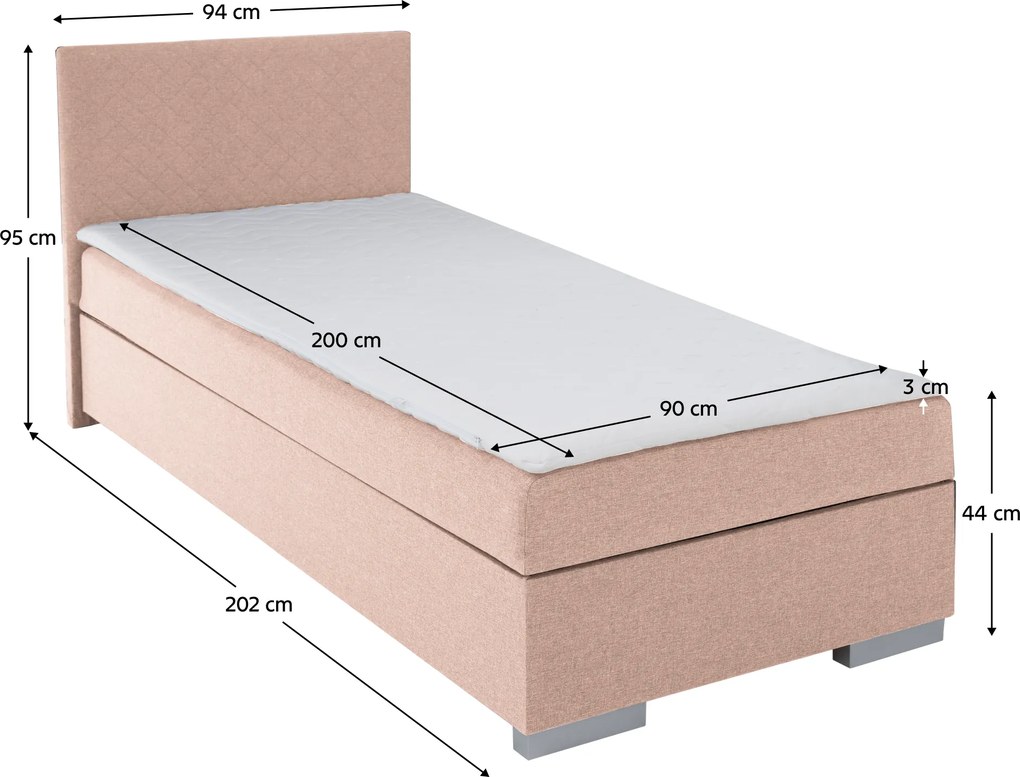 Boxspring ágy, egyszemélyes, rózsaszín, 90x200, univerzális, ADARA