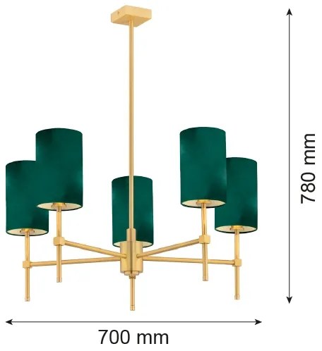 Argon 2147 - Csillár rúdon ABRUZZO 5xE14/7W/230V sárgaréz/zöld