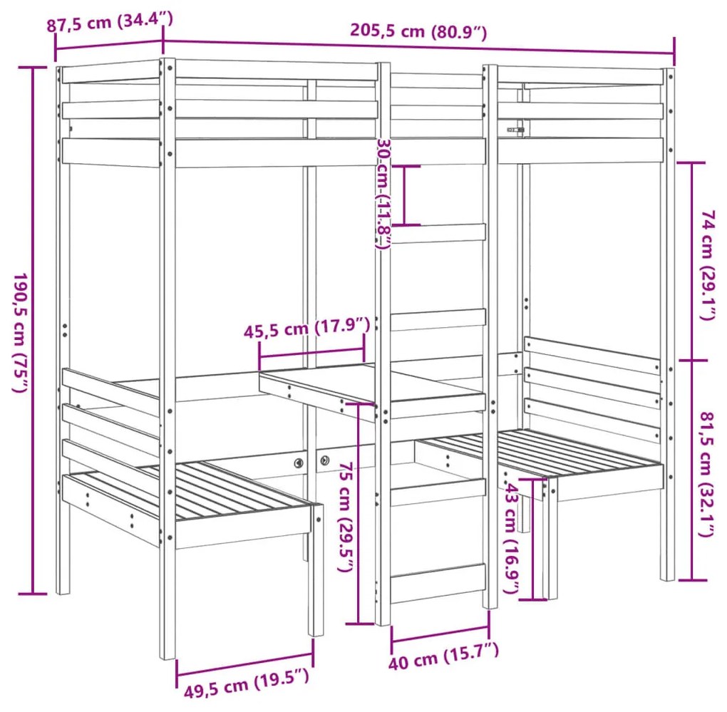tömör fenyő galériaágy-keret asztallal és székekkel 80 x 200 cm