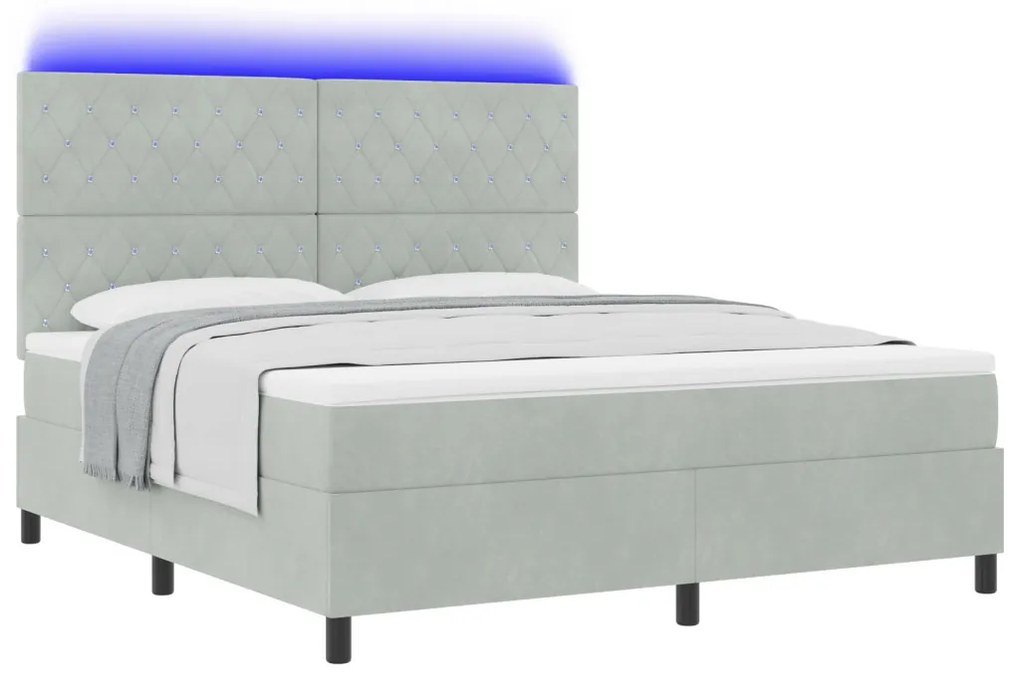 Boxspring ágy matraccal & LED világítással, világosszürke, 180x200 cm, bársonyos