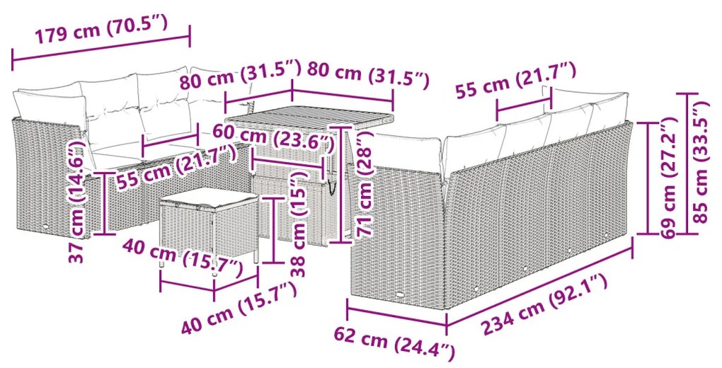 10 részes kerti kanapé szett párnákkal fekete poli rattan akác, 3 részes kerti étkező szett párnákkal fekete poli rattan akác