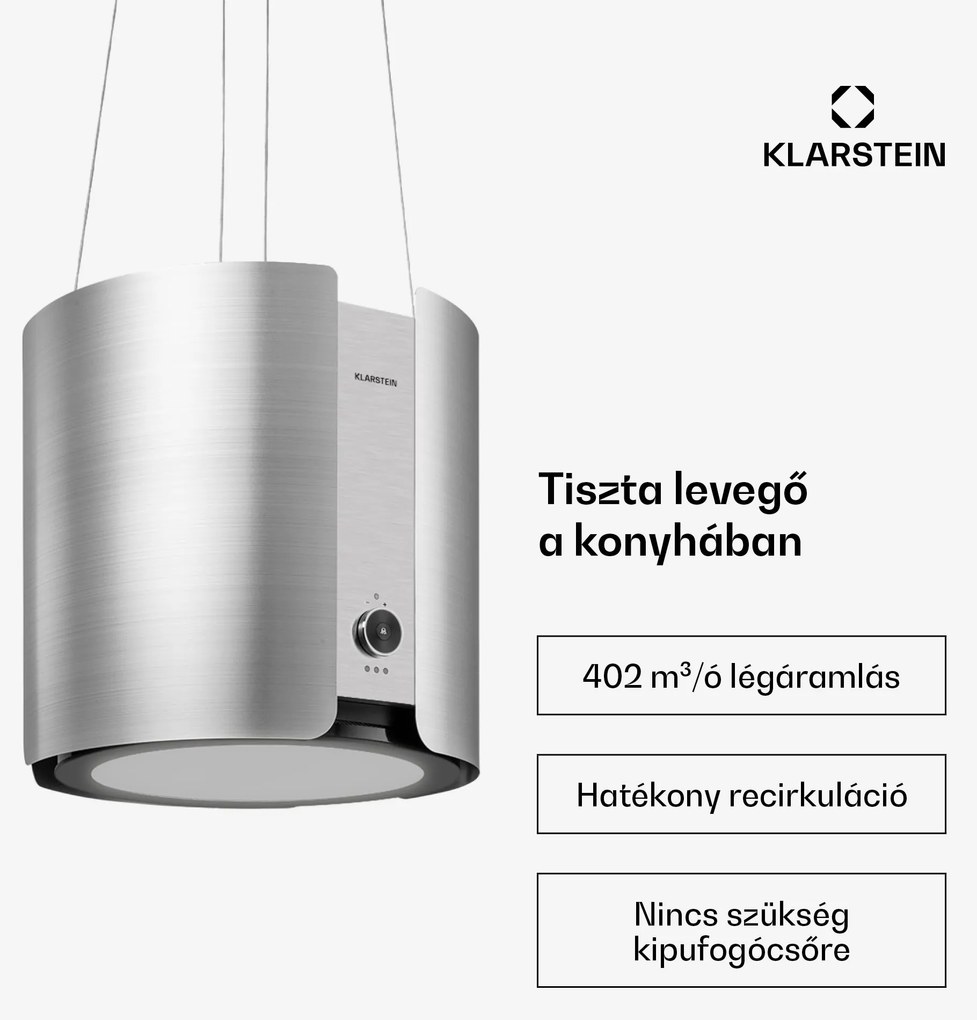Klarstein Skyfall, sziget páraelszívó, Ø 45 cm, légkeringetés, 402 m³/ó, LED, nemesacél, ezüst