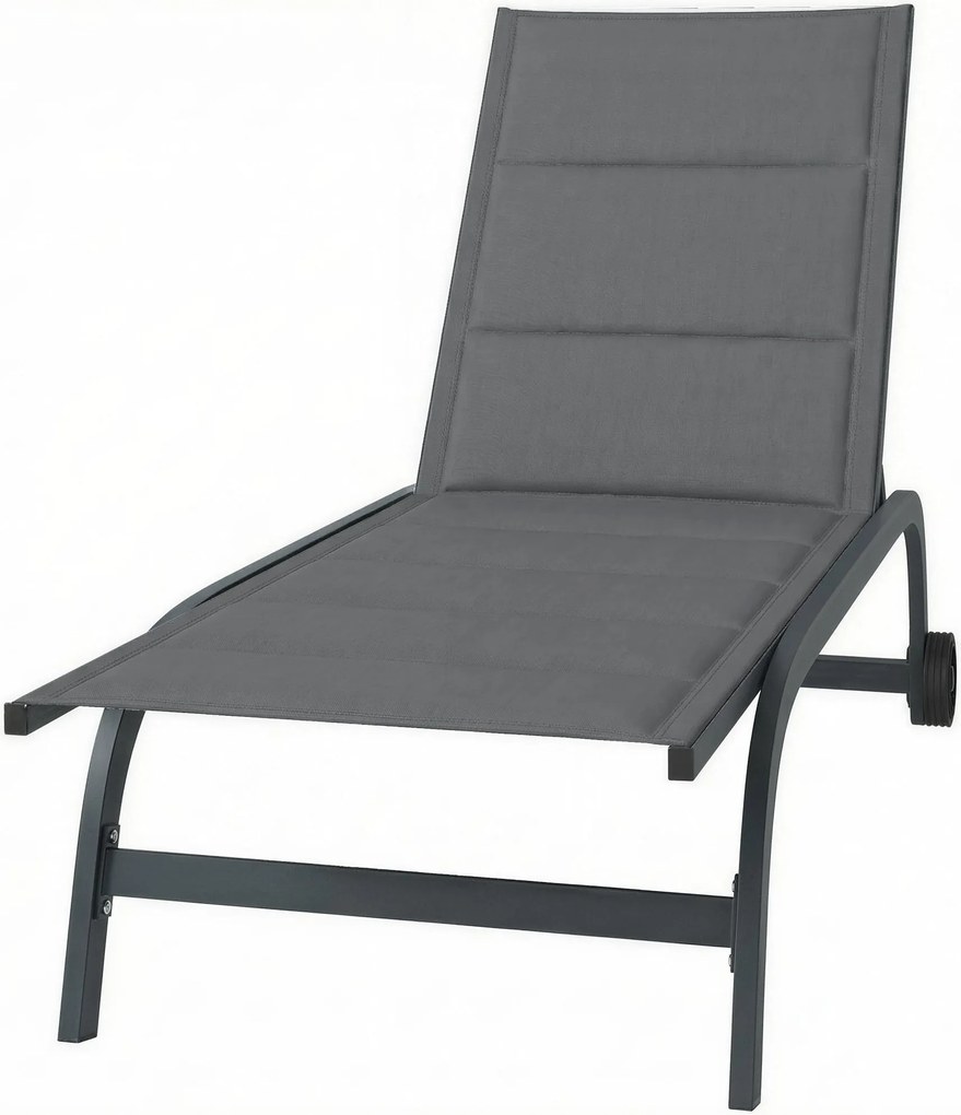 Outsunny alumínium napozóágy, 6-fokozatú dönthető háttámla kerekekkel, Textilene 560 g/m² és beépített párna — sötétszürke | Aosom