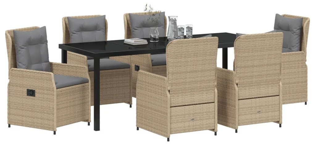 7 Darabos Kerti Étkezőszett Bézs Poli Rattan, Kerti Asztal Fekete 200x80x73 cm Edzett Üveg