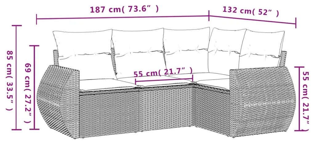 4 részes fekete polyrattan kerti ülőgarnitúra párnákkal