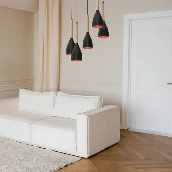 Csillár zsinóron MUZA 5xE27/15W/230V fekete/bézs/réz/bükkfa