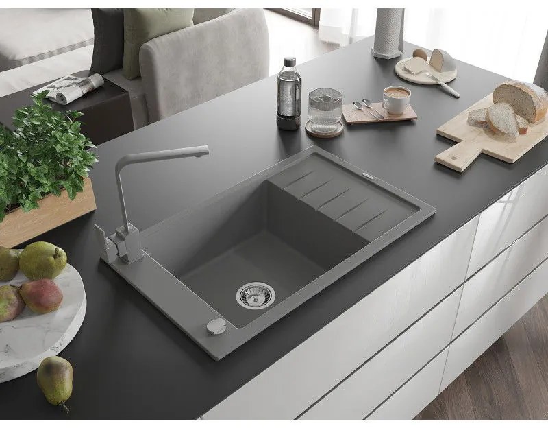 Mexen Elias, gránit mosogató gránit 795x480x200 mm, 1 kamrás, szürke króm szifonnal és szürke Rita mosogató csaptelep, 6511-71-670300-71