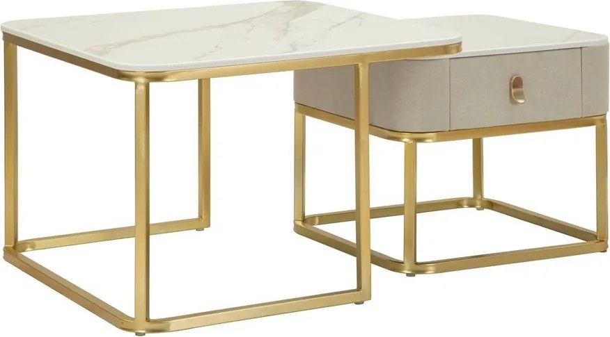 Krémszínű-aranyszínű dohányzóasztal szett márvány dekorral, 2 db-os 50x70 cm Beauty – Mauro Ferretti