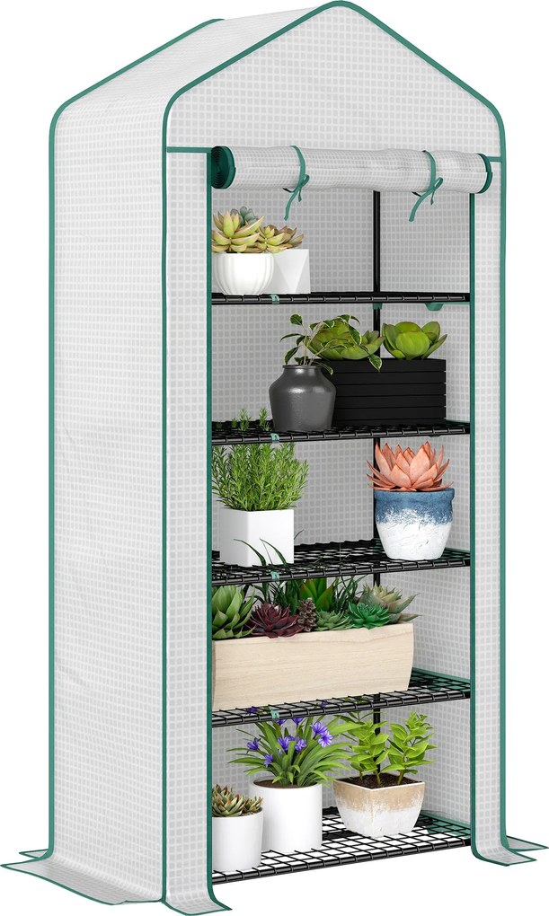 Outsunny 5 Polcos Kerti Üvegház, Erkély Üvegház, Erősített 135 g/m² Ponyva, Acél Váz, Felhúzható Cipzáras Ajtó, Zöldségek, Növények, Virágok Számára,