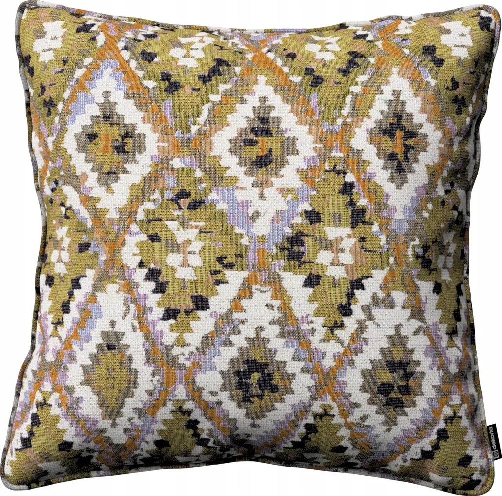 Párnahuzat 60x60 krémszínű azték mintás, olívazöld alapon