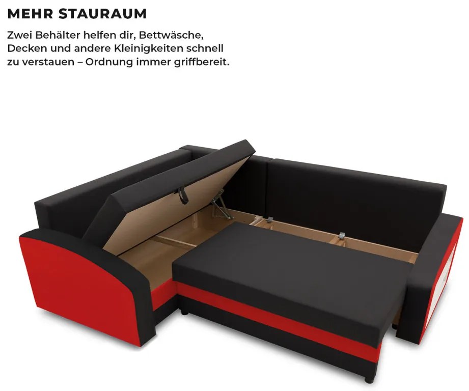 Grande sarokkanapé polcokkal , polc a jobb karfaban, baloldali, szövet anyag, bonell töltet, fekete - piros