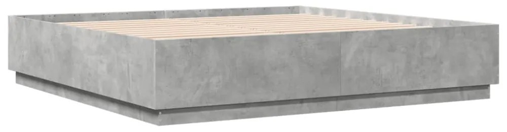 betonszürke szerelt fa ágykeret LED-világítással 200 x 200 cm