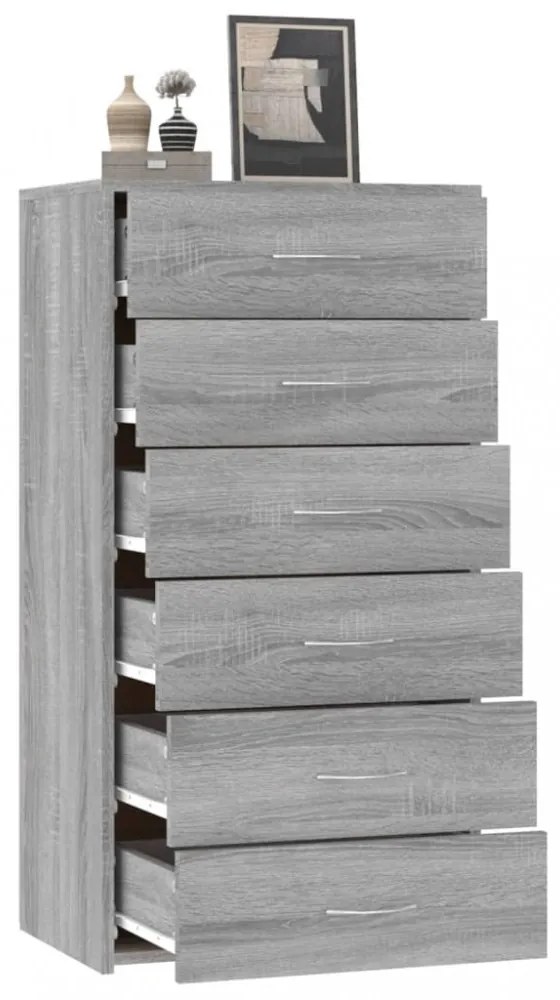 szürke sonoma színű szerelt fa komód 6 fiókkal 50x34x96 cm