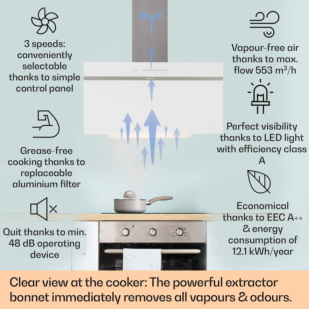 Klarstein Ava 90, Smart, páraelszívó, 90 cm, falra szerelhető, WiFi, A++, 515m³/h, érintőképernyő