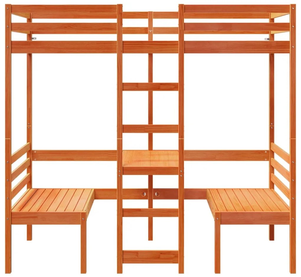 barna fenyő galériaágy-keret asztallal és székekkel 90 x 200 cm