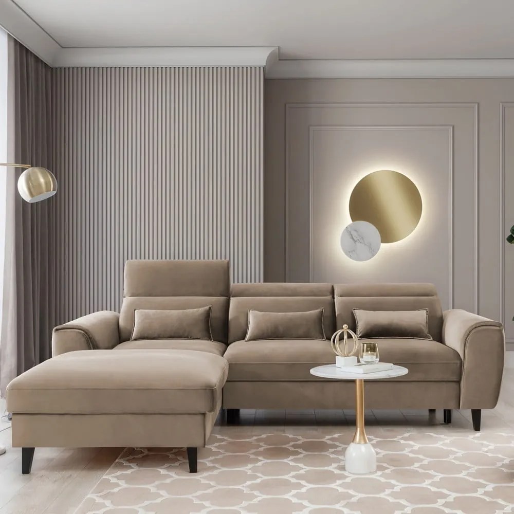 Világosbarna bársony kinyitható-tárolóhelyes sarokkanapé (bal oldali-heverő résszel) Foble – ELTAP