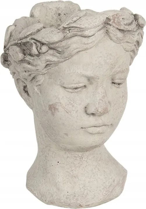 Szürke antik cement kaspó női fejjel 18x17x25 cm