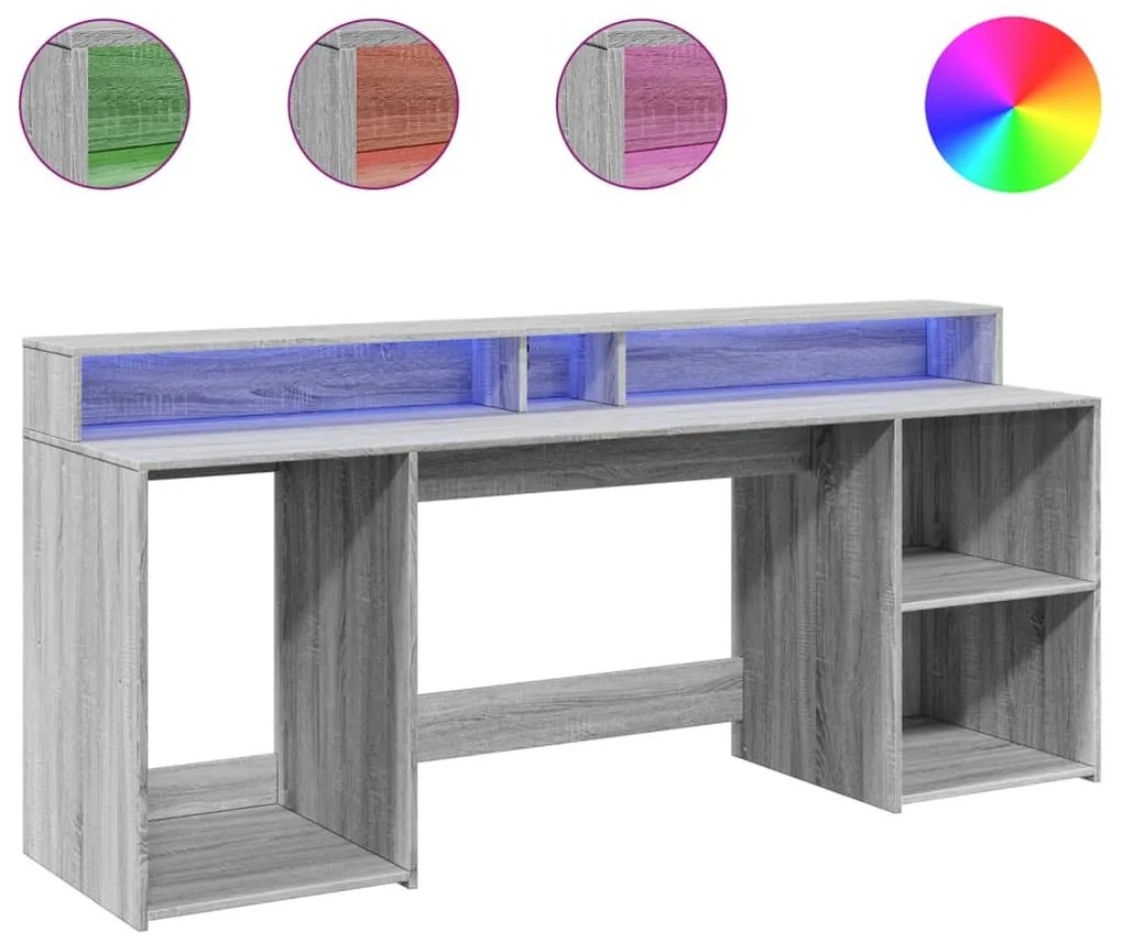 szürke sonoma színű szerelt fa íróasztal LED-ekkel 200x55x91 cm