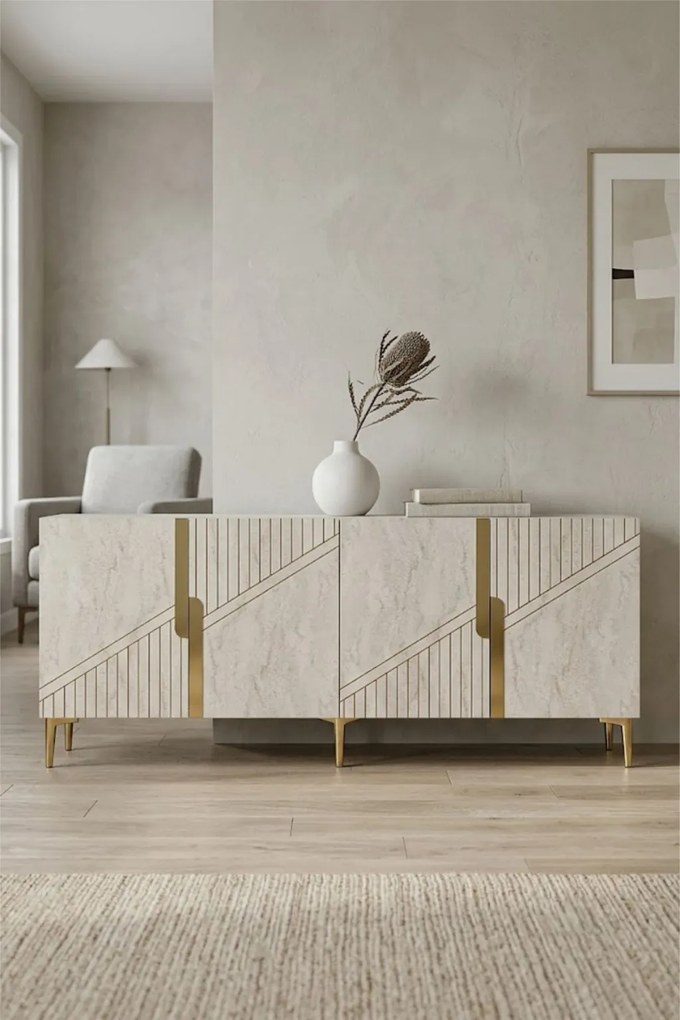 Evva komód, fehér-travertin, 125 cm