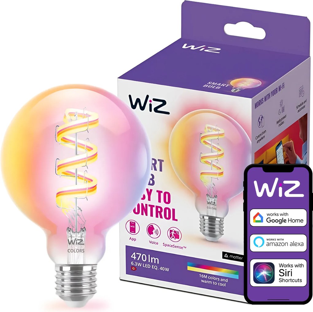 Led izzó E27 G95 6,3W 40W Cct Tw Rgb Filament Smart WiFi WiZ alkalmazás