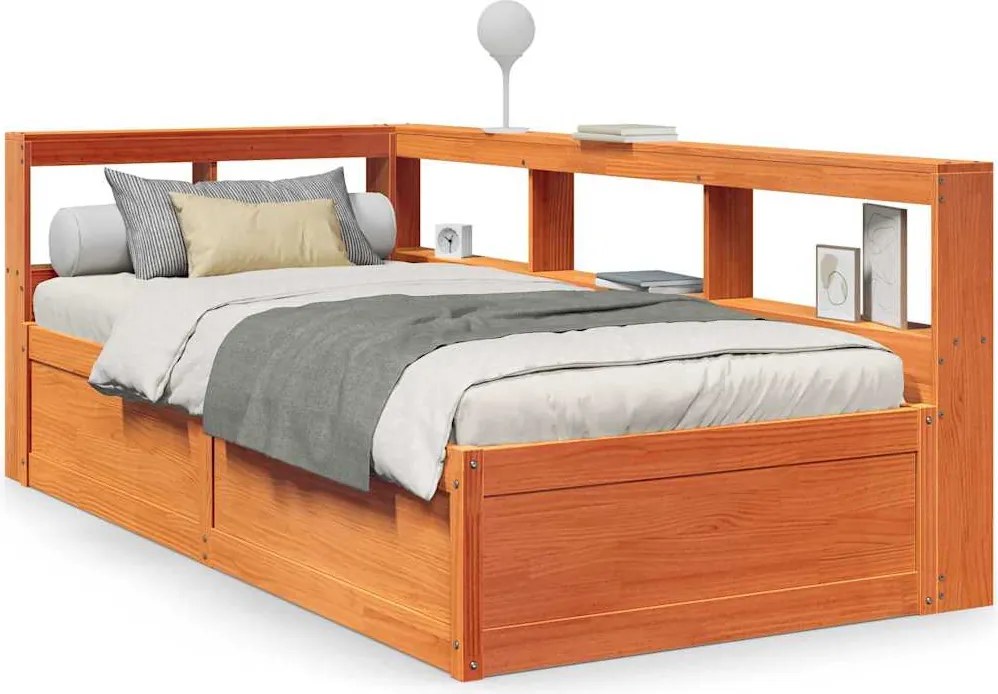 vidaXL barna tömör fenyőfa könyvespolcos ágy matrac nélkül 90 x 190 cm