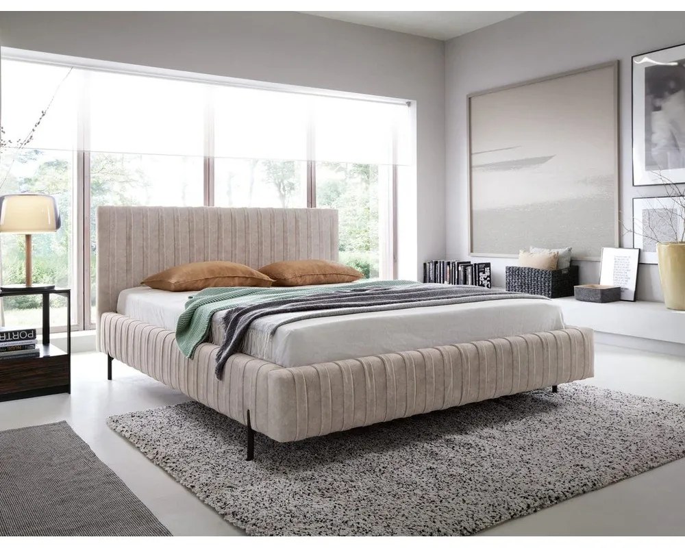 Bézs kárpitozott ágyneműtartós franciaágy ágyráccsal 160x200 cm Plissa – ELTAP