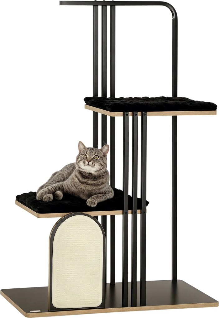 PawHut Macskafa 128 cm Macska Kaparófa Párnákkal, Mászófa Kaparó Lappal, Macska Kaparó 2 Szinttel, Macska Bútor, Acél, Fekete | Aosom