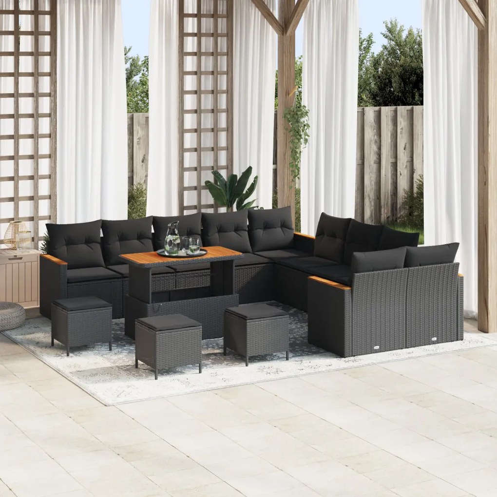 14 Részes Kert Sofa Készlet Párnákkal Fekete Poli Rattan Akácia