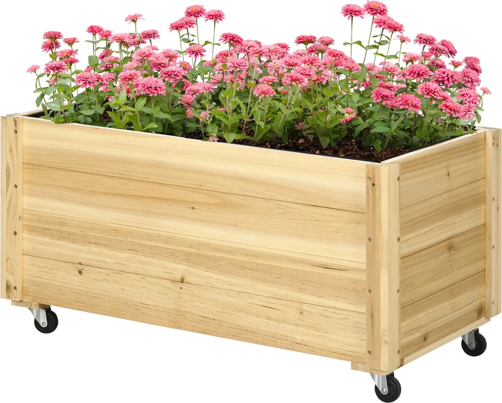 Outsunny Kerekes Fa Virágtartó Kertészeti Ültető Edény Draináló Lyukkal és Nem Szőtt Szövettel Virágok Növesztéséhez Szabadtéri Erkélyre Teraszra 89x4