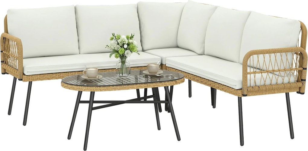 Outsunny 4 részes PE-rattán kültéri ülőgarnitúra — sarokkanapé, 2× kétszemélyes és üvegasztal, levehető párnahuzatok, 5 személy, krémfehér | Aosom