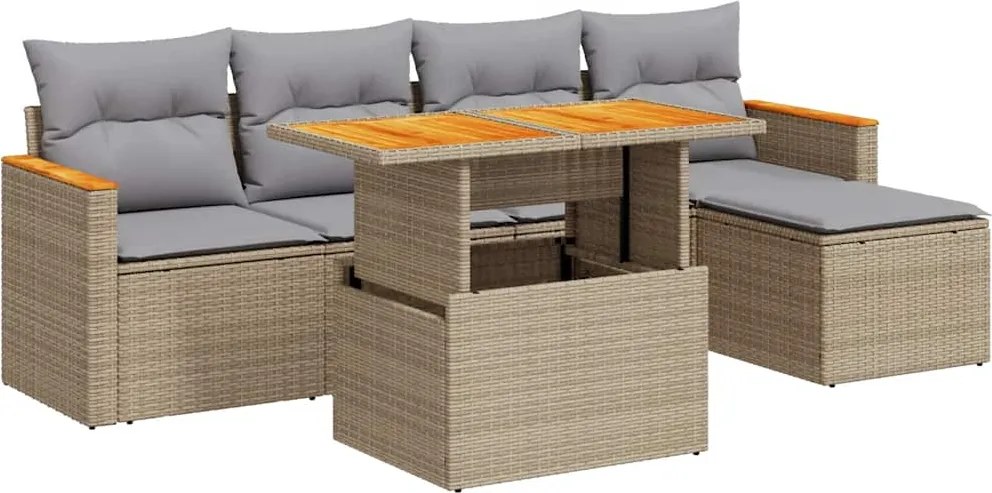 vidaXL 6 részes bézs polyrattan akácfa kerti ülőgarnitúra párnával