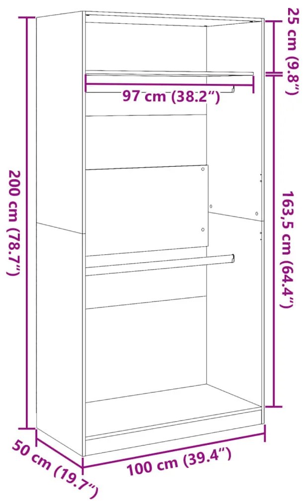antik fa színű szerelt fa ruhásszekrény 100 x 50 x 200 cm