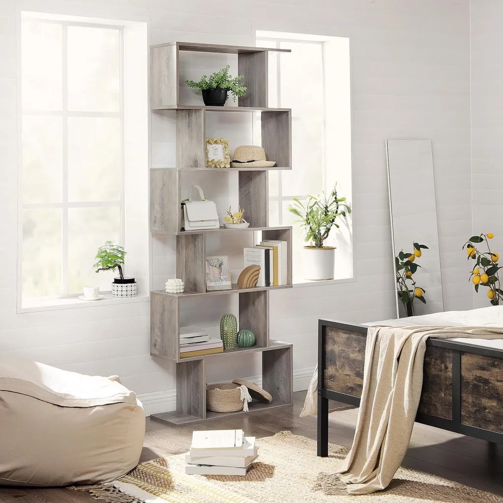 Könyvespolc, tárolópolc, 6 szintes, szürkés barna 70x24x190cm