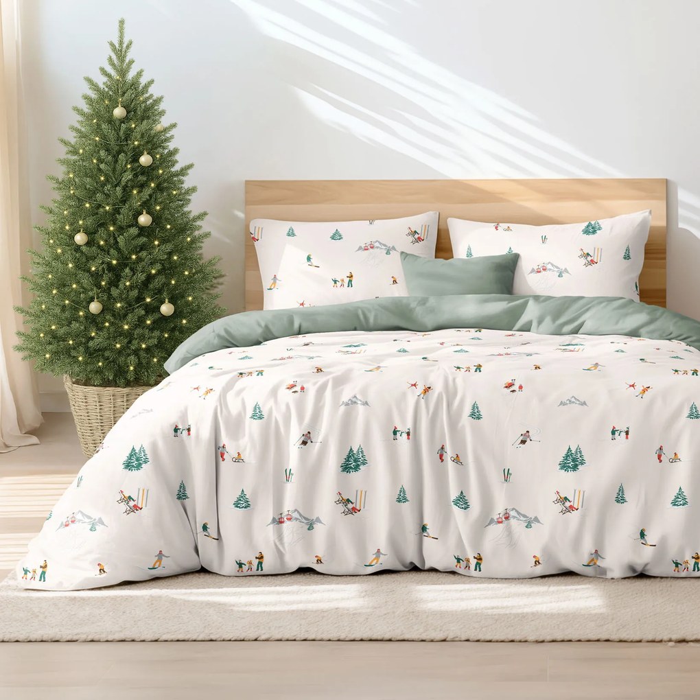 Goldea karácsonyi pamut ágyneműhuzat duo - téli örömök, zsálya színű hátoldal 140 x 220 és 70 x 90 cm