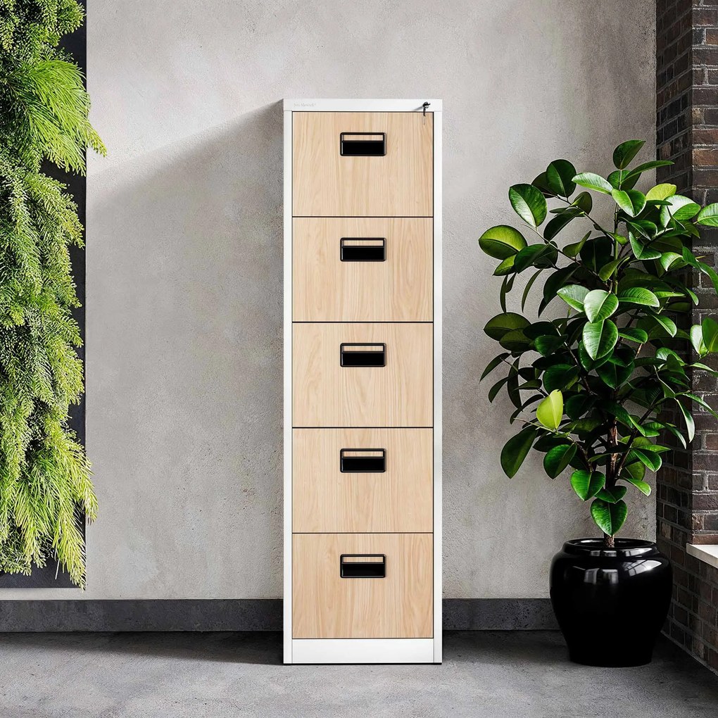 Fém irattartó szekrény, 5 fiókos SARA V5, 460 x 1625.5 x 620 mm, Eco Design: fehér/ sonoma tölgy