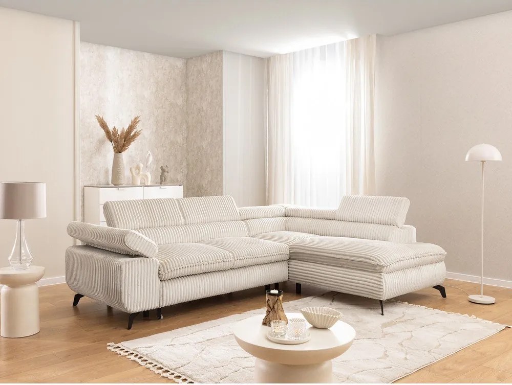 Krémszínű kordbársony sarokkanapé (jobb oldali-L alakú) Marbeya – Ropez