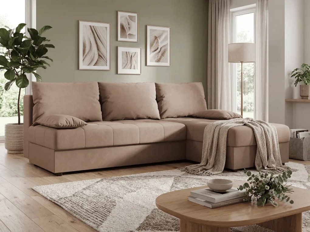 Ágyazható, kétoldalas L alakú kanapé VENORIA SLIM 200x143 cm, bézs színű + 2 db díszpárna INGYEN