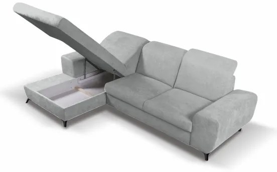 Kihúzható L alakú kárpitozott sarokkanapé ALTA, balos, szürke, tárolóval