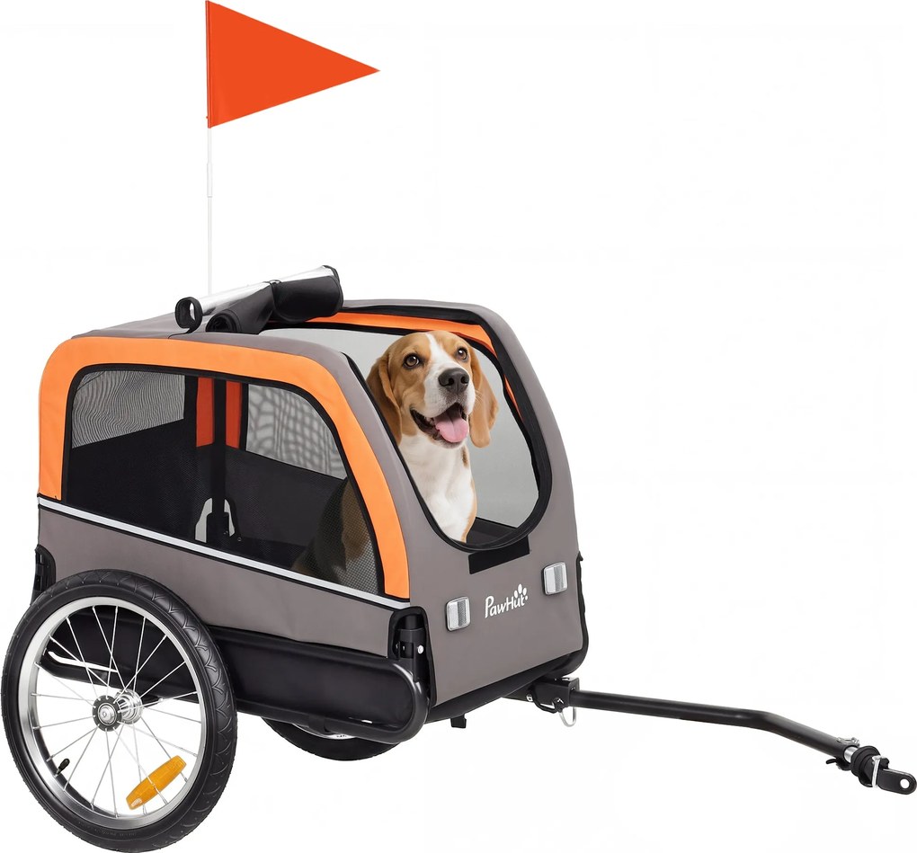 PawHut összecsukható kutyakerékpár-utánfutó fényvisszaverőkkel — 2 cipzáras ajtó, belső póráz, hálós ablakok, hordozható 600D Oxford kis- és közepes k