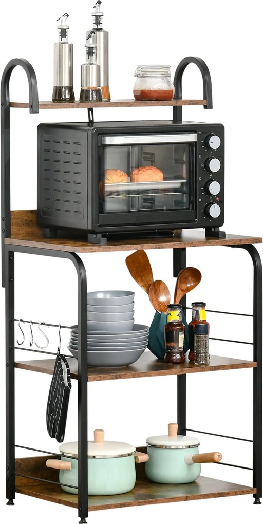 HOMCOM 4-szintes Konyhai Polc Konyha Állvány Fogasokkal Mikrohullámú Sütőhöz 60x40x125 cm Rusztikus Barna és Fekete | Aosom