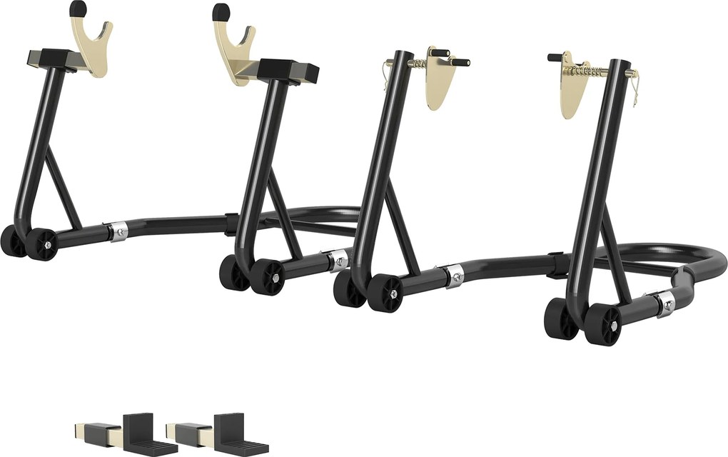 HOMCOM 2 db Állítható Trianguláris Motorkerékpár Állvány 390 kg Kapacitással, Hátsó és Elülső Vetőállvány Acélból U és L Kanalakkal, Kerekekkel, Garáz