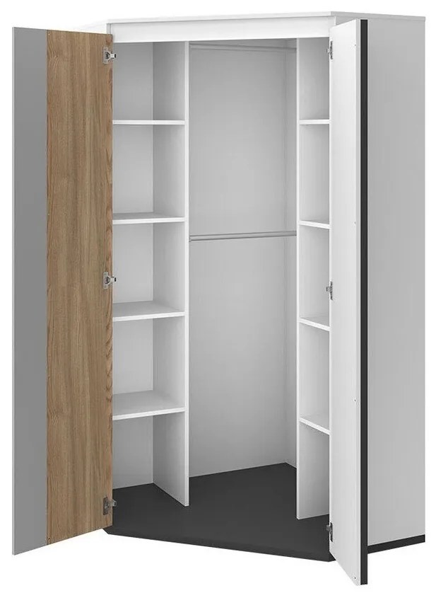 Sarokszekrény Fresno J117Grafit, Világosszürke, Fehér, Tölgy, 198x95x50cm, Szekrényajtók: Pántos