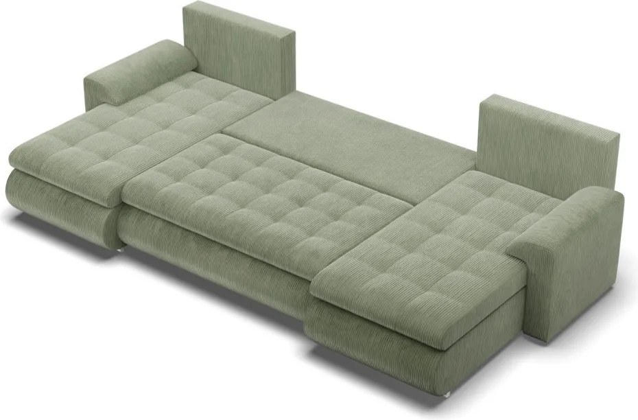 Tokio U alakú sarokkanapé, 3 ágyneműtartóval, kordbársony, univerzális oldal, zöld