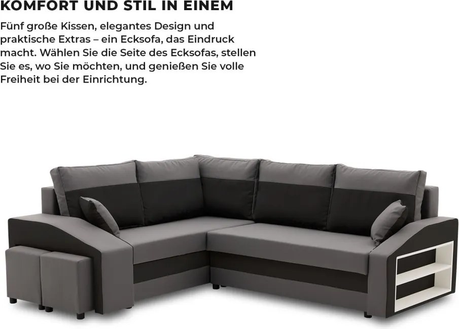 Grande sarokkanapé polcokkal és puffokkal , polc a jobb karfaban puffok a bal karfaban, baloldali, szövet anyag, bonell töltet, szürke - fekete