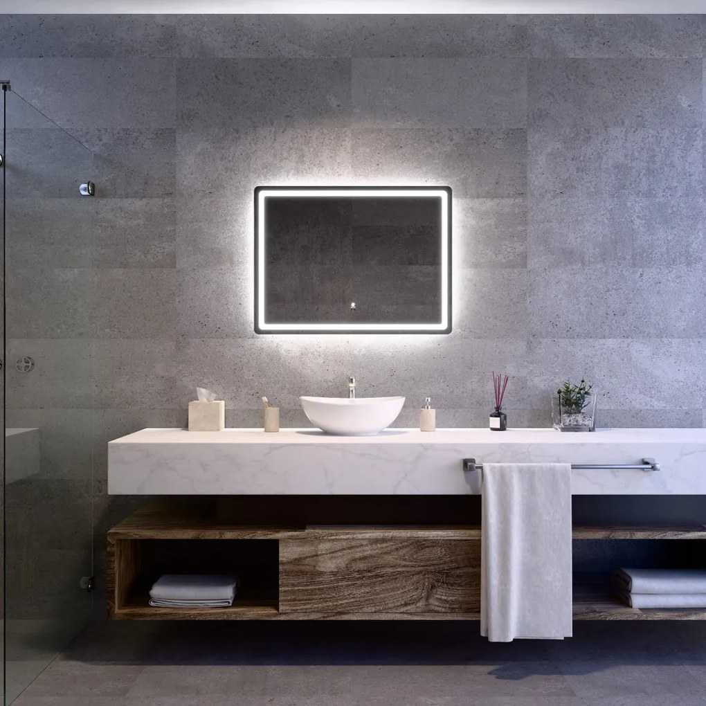 Fekvő fürdőszobai LED tükör 80x60cm | Gesztusvezérlés - Páramentesítő - Fényerő és színhőmérséklet szabályozás | Welland Type20H