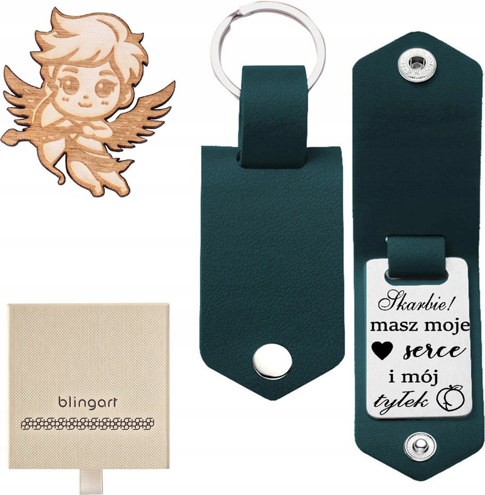 Kulcstartó Valentin Napi Ajándék gravírozással bőr zöld Blingart