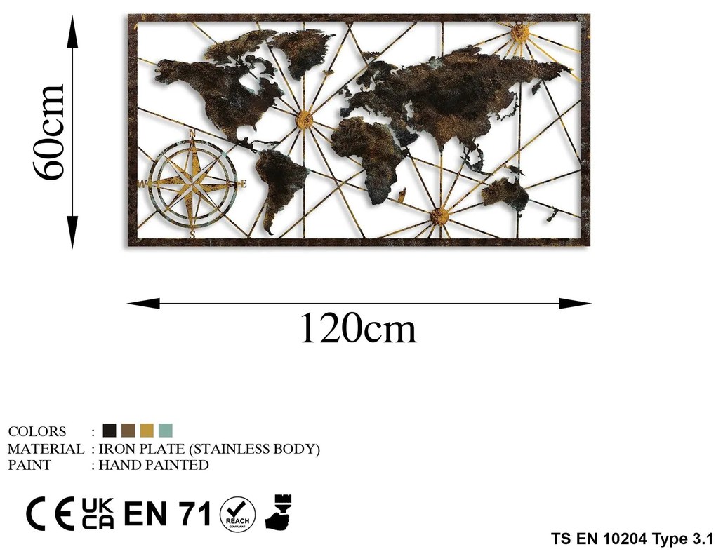 Fém fali dekoráció, World Map Large - 1