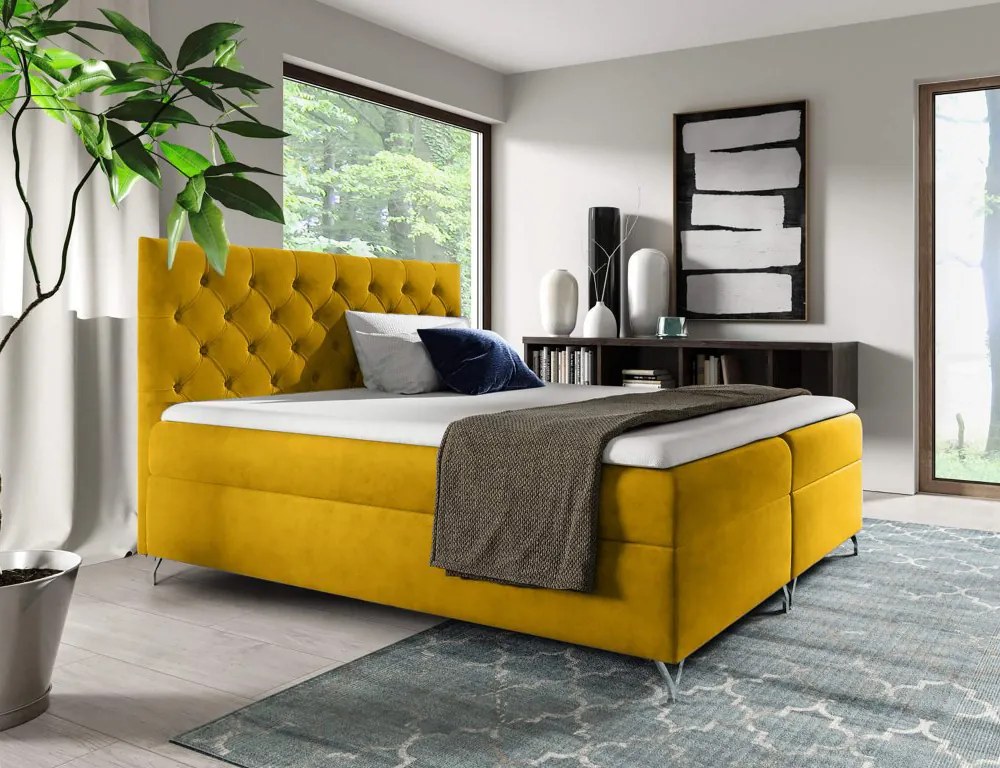 Boxspring ágy, 140x200, sárga Velvet szövet, GULIETTE + ajándék